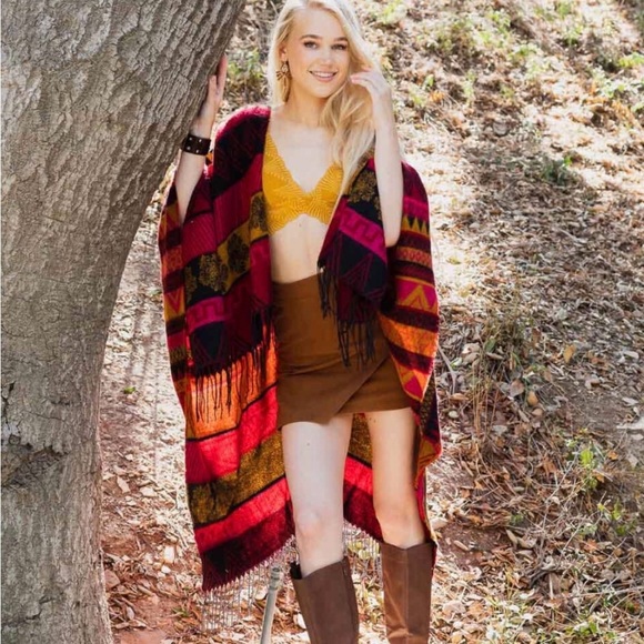 Southwestern Tassel Ruana, Wrap, Coat, Jacket, Kimono in Burgundy or Brown - Picture 2 of 5